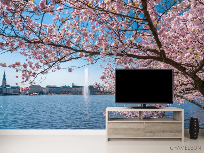 Фотообои сакура над рекой с фонтаном - 2