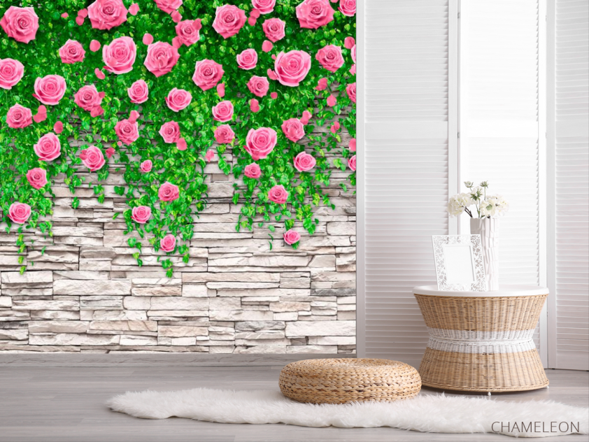 Фотошпалери Кам'яна стіна з трояндами - 2
