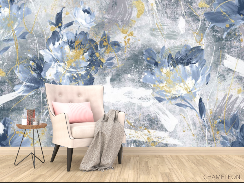 Фотообои Дизайнерские цветы с золотом синие. - 4