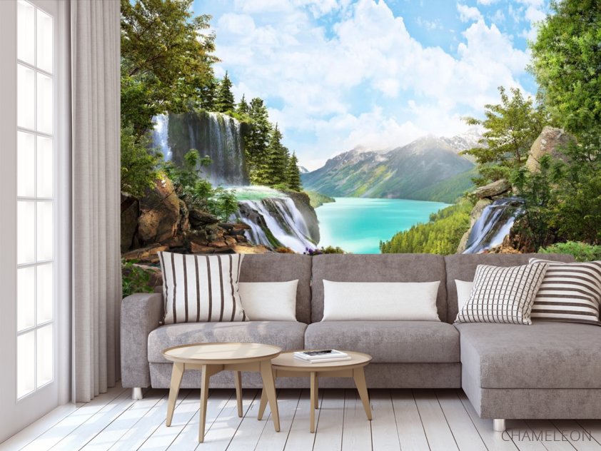 Фотообои водопад над озером в горах - 3