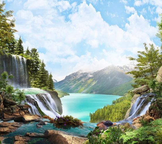 Фотообои водопад над озером в горах 20837