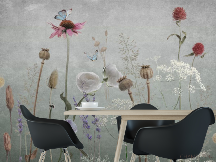 Фотошпалери польові дизайнерські квіти сірі - 1