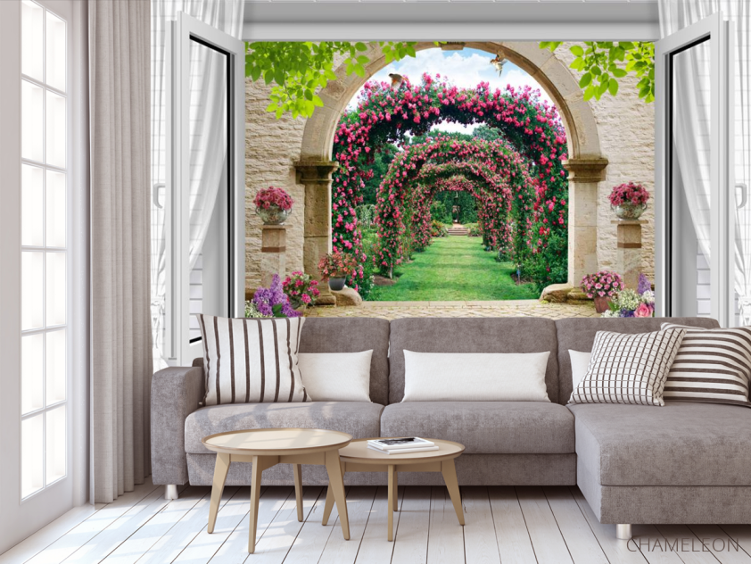 Фотообои  Вид из окна на сад с розами - 3