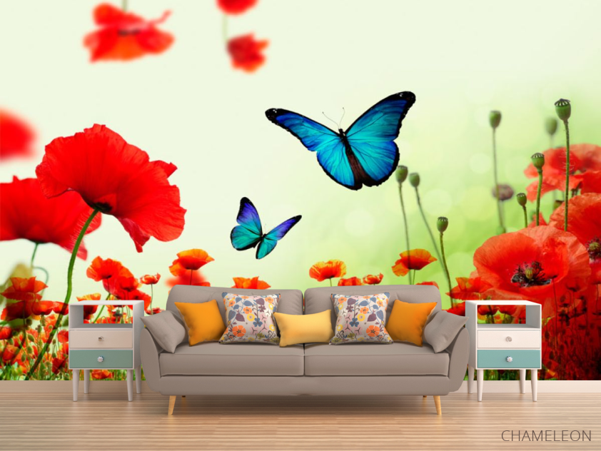 Фотообои Красные маки с бабочками - 1