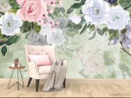 Фотообои Акварельные цветы на зелёном фоне - 4