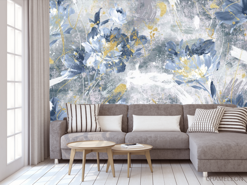 Фотообои Дизайнерские цветы с золотом синие. - 3