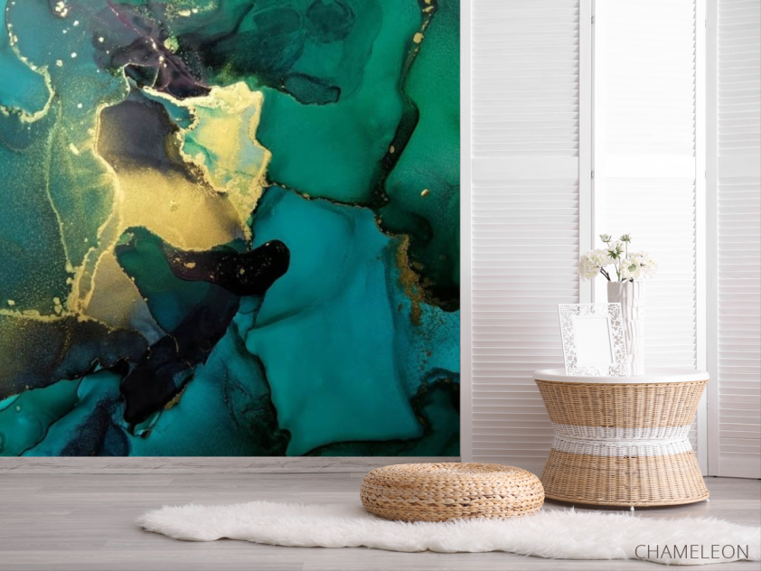 Фотошпалери Зелений fluid art з золотом - 2