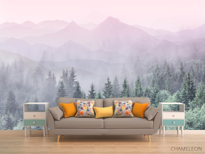 Фотообои Лес с розовыми горами - 1