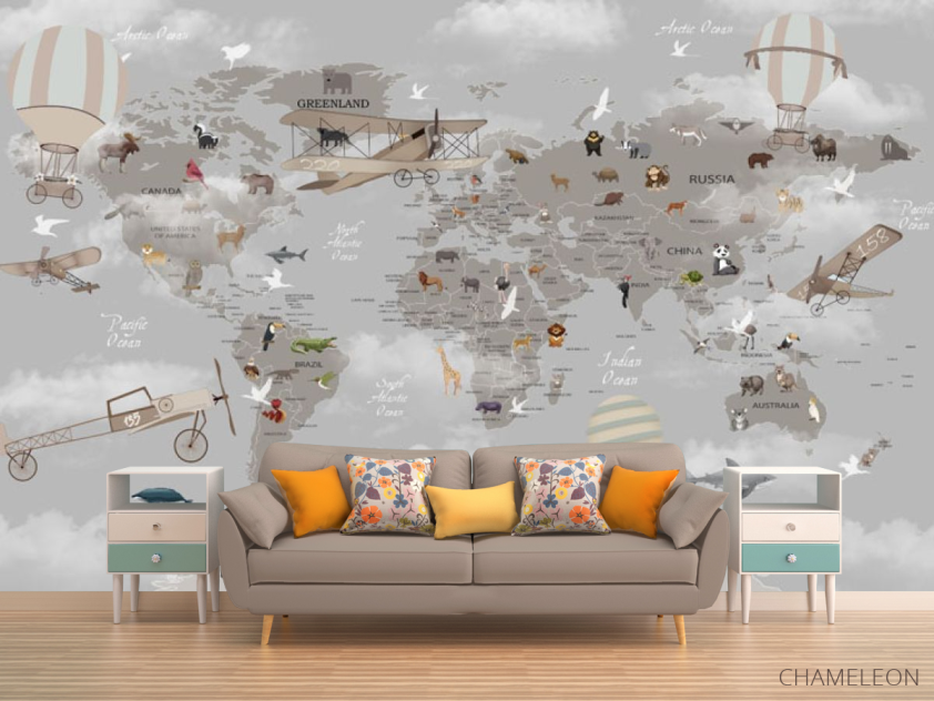 Фотообои Серая карта с самолетами и шарами на английском - 1