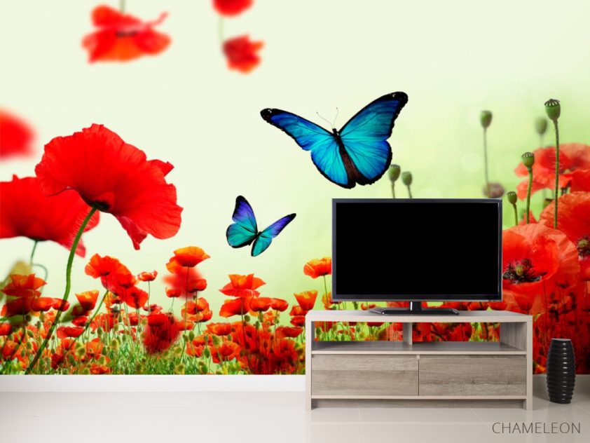 Фотообои Красные маки с бабочками - 2
