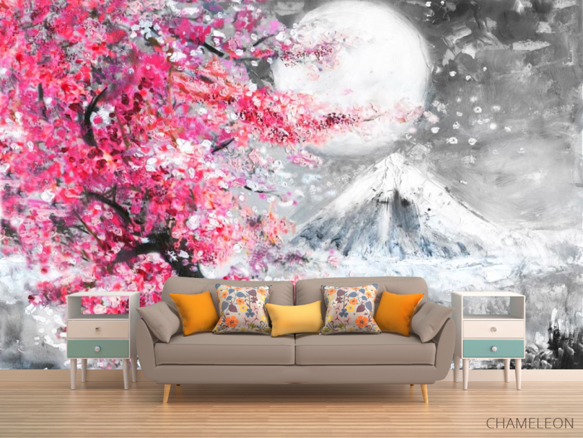 Фотообои картина белая луна над розовым деревом - 1