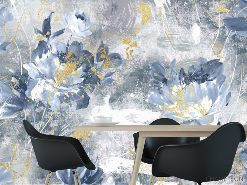 Фотошпалери дизайнерські квіти з золотом сині. - 1