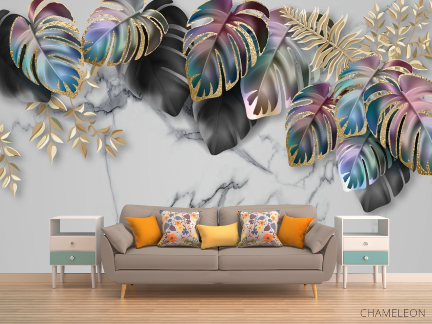 Фотообои тропические листья с золотом - 1