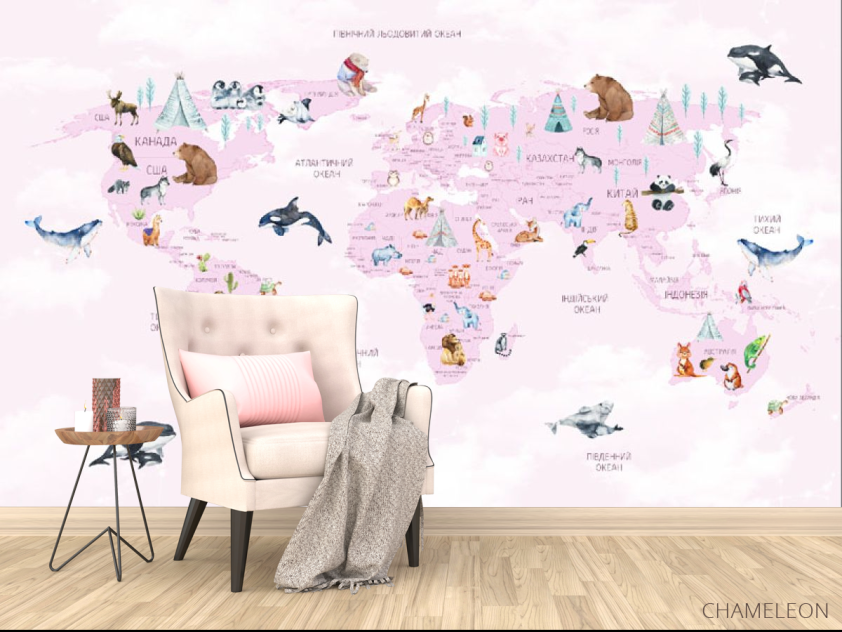 Фотообои Карта детская с облачками на украинском языке в розовом цвете. - 4