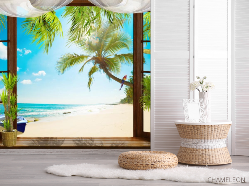 Фотошпалери Вид з вікна на пальми і море - 2