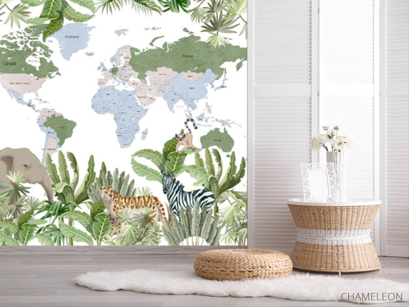 Фотошпалери карта дитяча з тропічним лісом і тваринами англійською - 2