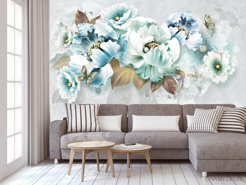 Фотообои Голубые 3д цветы - 3