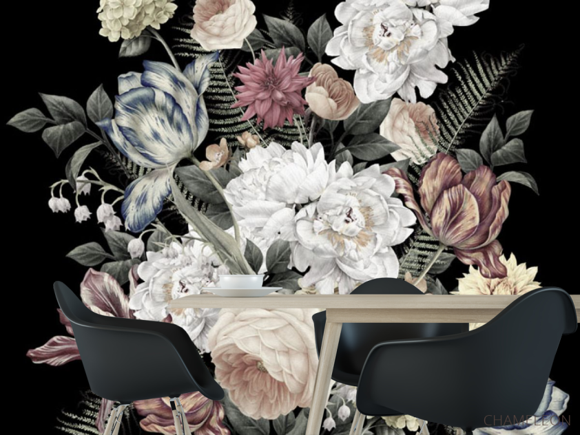 Фотошпалери Вінтажні квіти на чорному тлі - 1