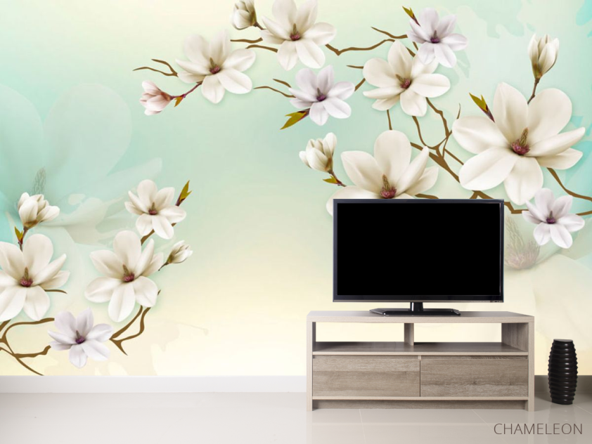 Фотообои Белые магнолии на бирюзовой стене - 2