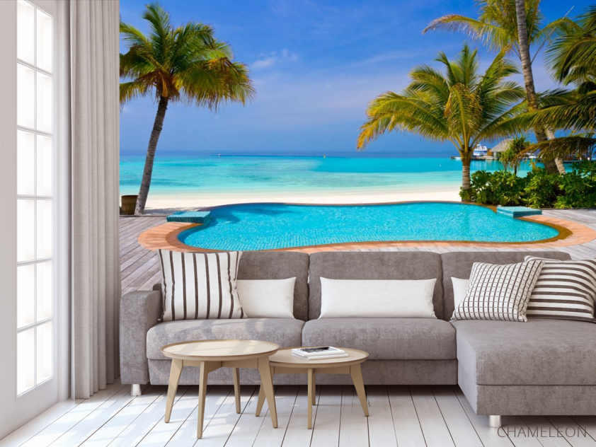 Фотообои Бассейн и пальмы на берегу моря - 3