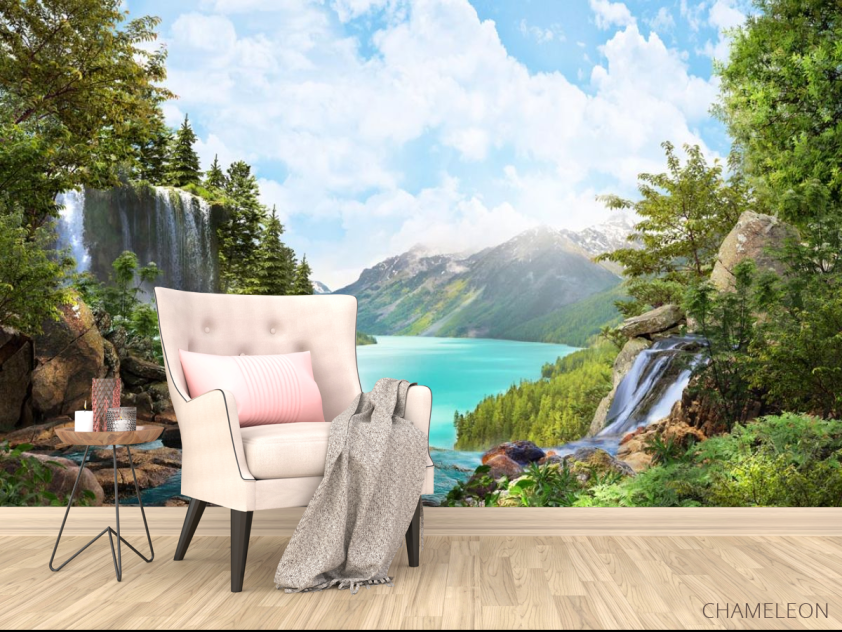 Фотообои водопад над озером в горах - 4