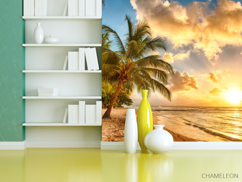 Фотошпалери пальми над морем і жовті хмари - 3