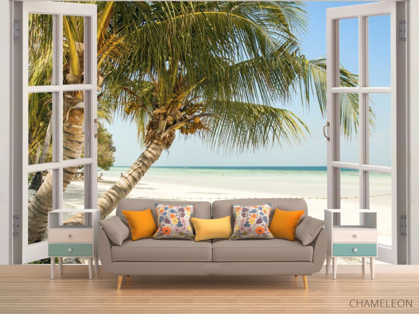 Фотообои Пальма и море в окне - 1