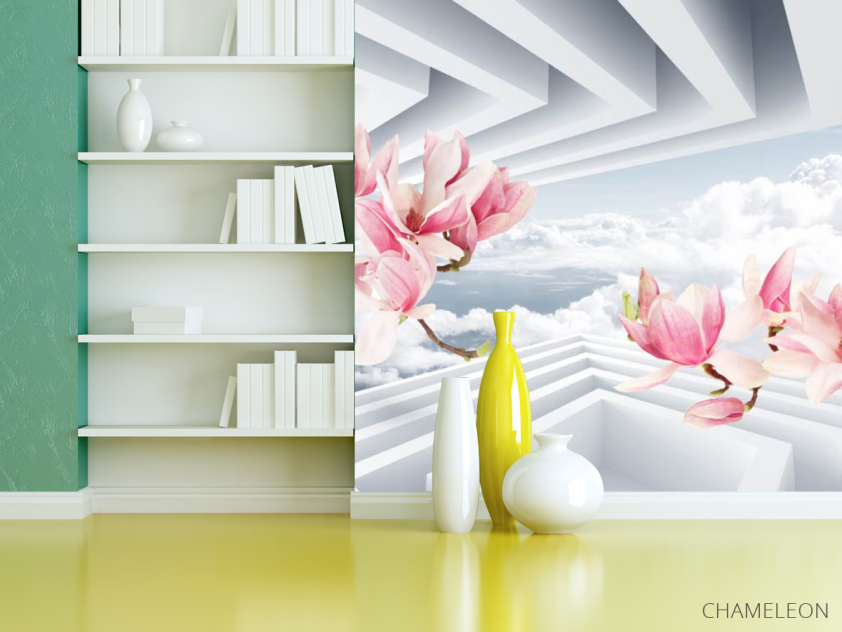 Фотошпалери 3Д рожеві гілки магнолії - 3