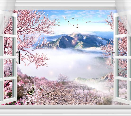 Фотообои Окно с видом на сакуру и горы 28910