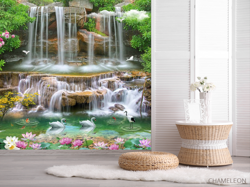 Фотошпалери 3Д водоспад і лебеді - 2