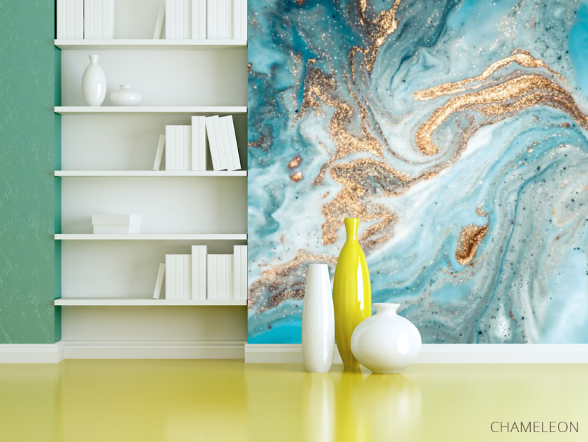 Фотошпалери Блакитний fluid art з золотом - 3