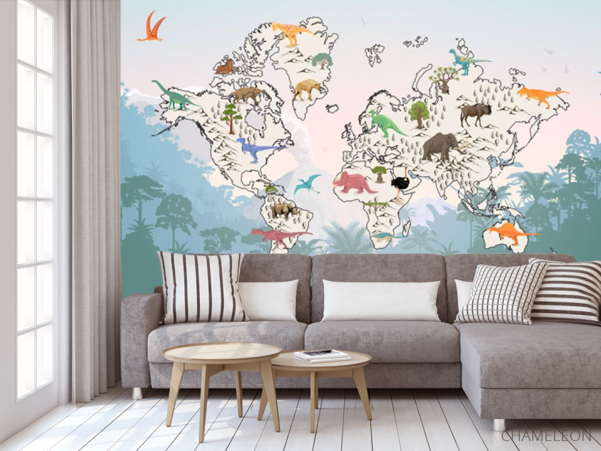 Фотообои Детская карта с динозаврами для мальчика - 3
