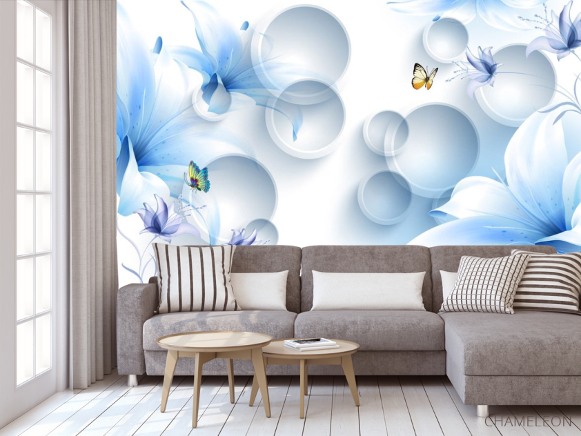 Фотообои  Синие цветы с бабочками - 3
