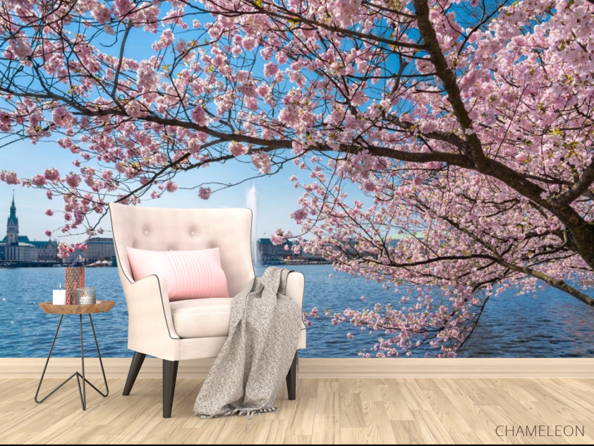 Фотообои сакура над рекой с фонтаном - 4