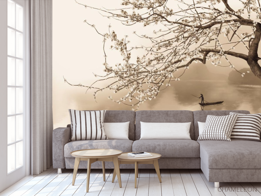 Фотообои на лодке под цветущим деревом - 3