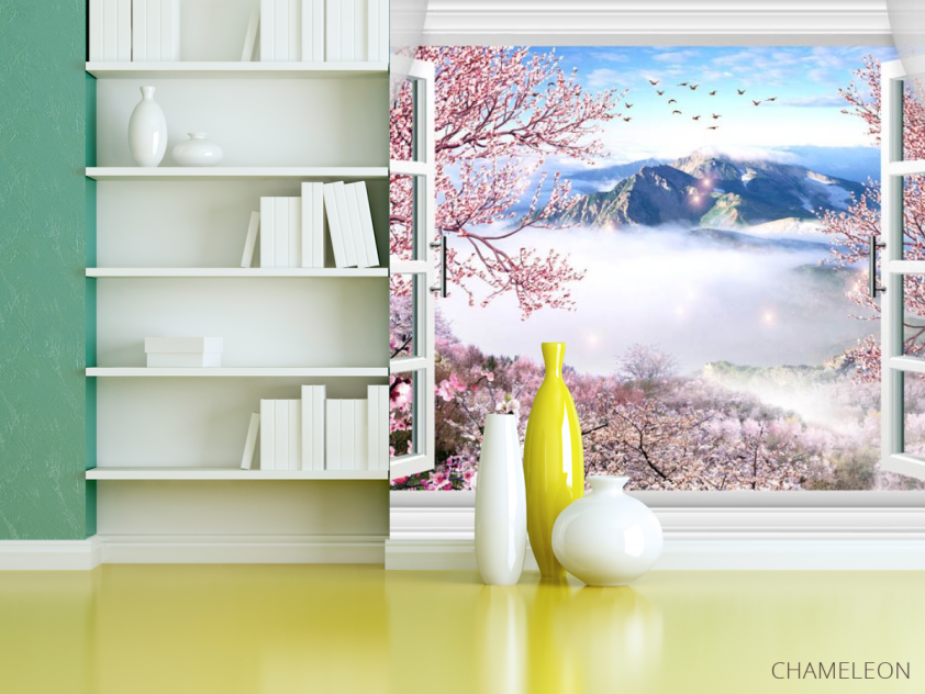 Фотошпалери вікно з видом на сакуру і гори - 3
