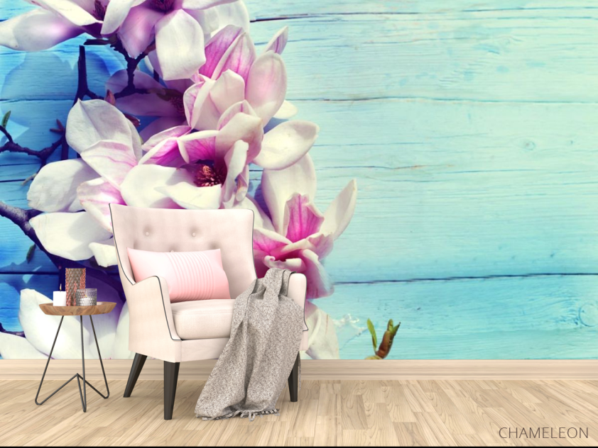 Фотообои цветы на голубом деревянном фоне - 4