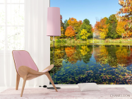 Фотошпалери осінь дерева і фонтан над озером - 4