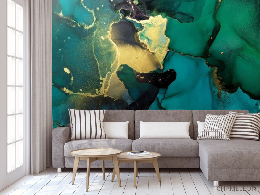 Фотообои Зелёный fluid art с золотом - 3