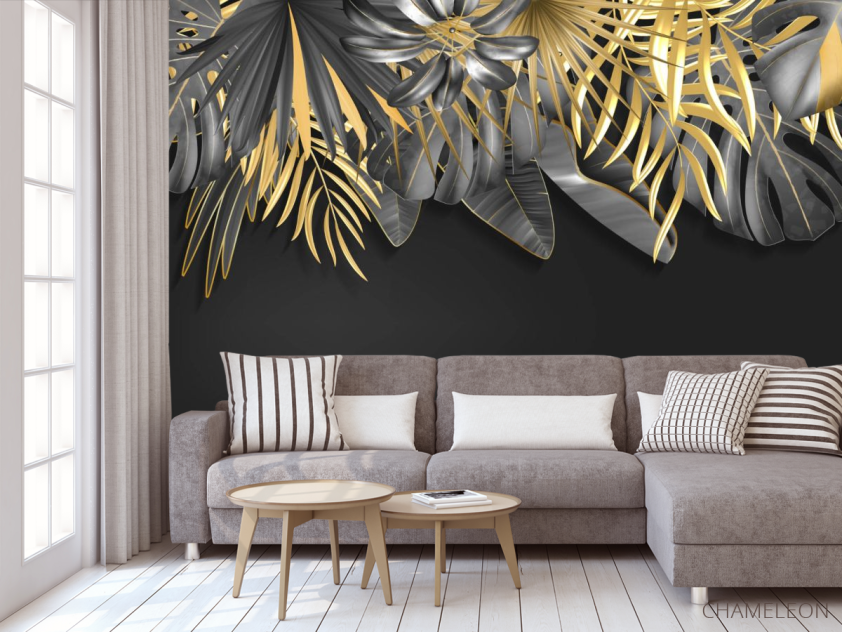 Фотообои Золотые листья на черном - 3