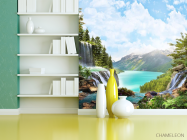 Фотошпалери водоспад над озером в горах - 3