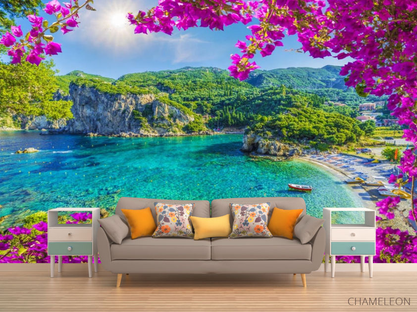 Фотообои вид на гавань через розовые ветки - 1