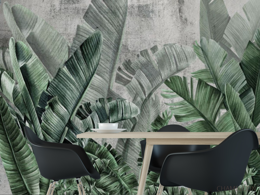 Фотошпалери зелені тропічні листя на тлі бетону. - 1