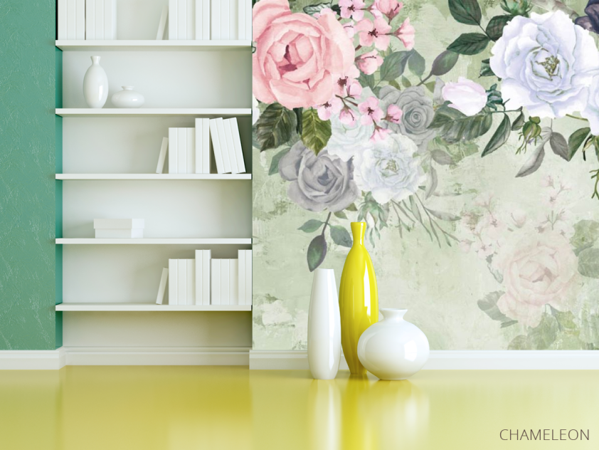 Фотошпалери акварельні квіти на зеленому тлі - 3