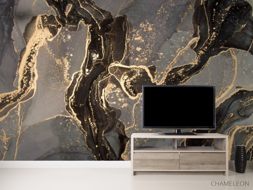 Фотообои Тёмный fluid art с золотом - 2