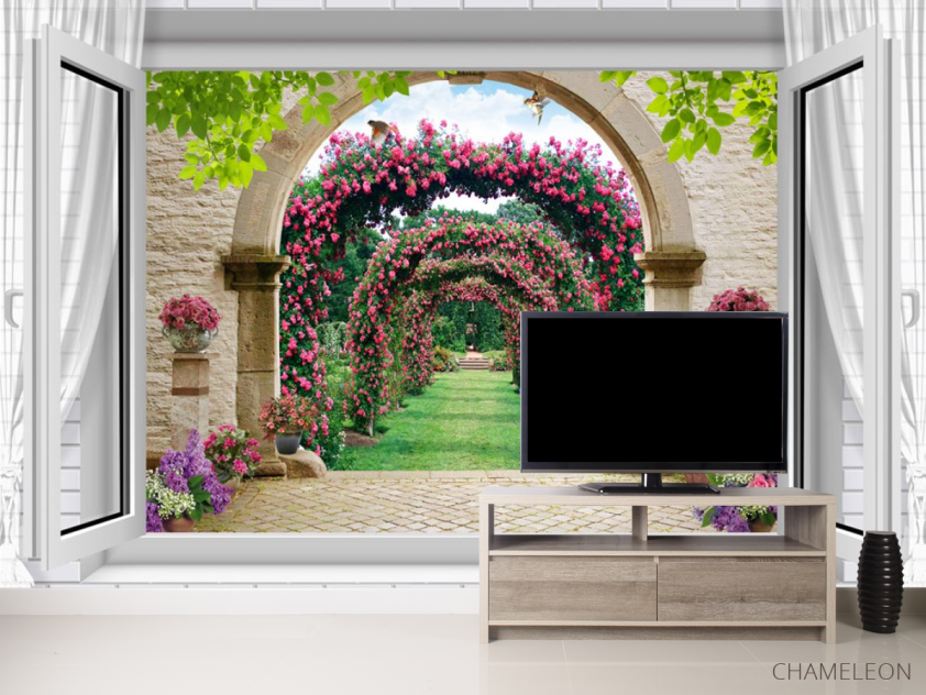 Фотообои  Вид из окна на сад с розами - 2