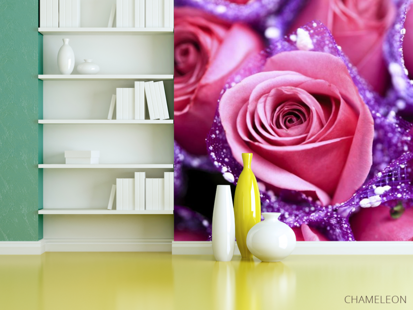 Фотошпалери рожеві троянди в сереневой сітці - 3