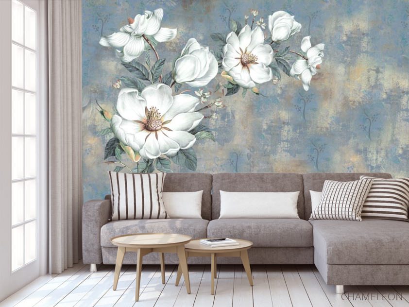 Фотообои Белые цветы на голубом фоне - 3