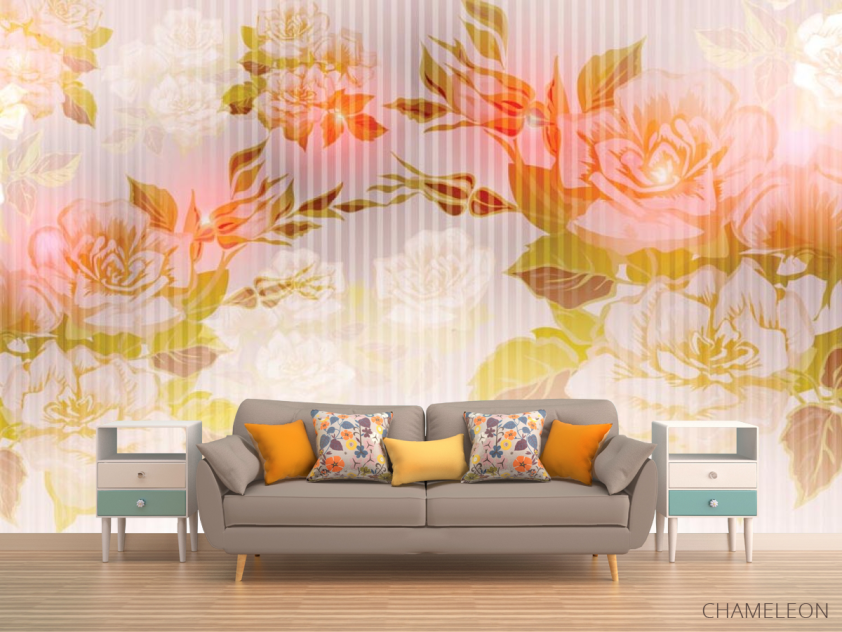 Фотообои Оранжевый принт с цветами - 1