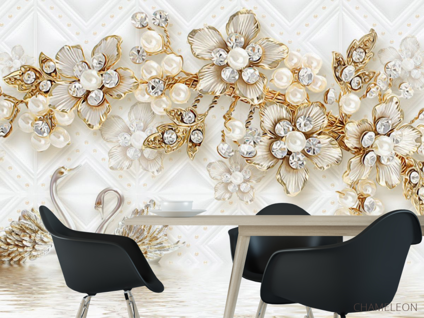 Фотошпалери Золоті квіти з лебедями - 1